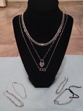 Necklace and Bracelet Stainless Steel Silver Jewelry Bundle